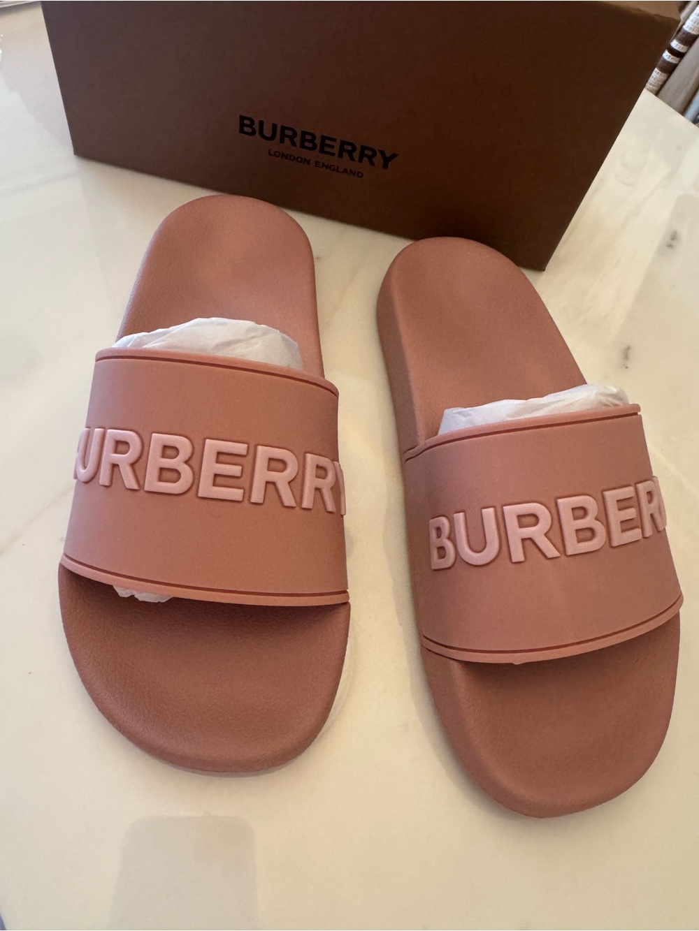 Burberry Rose-Pink Embossed Logo Slide Sandals